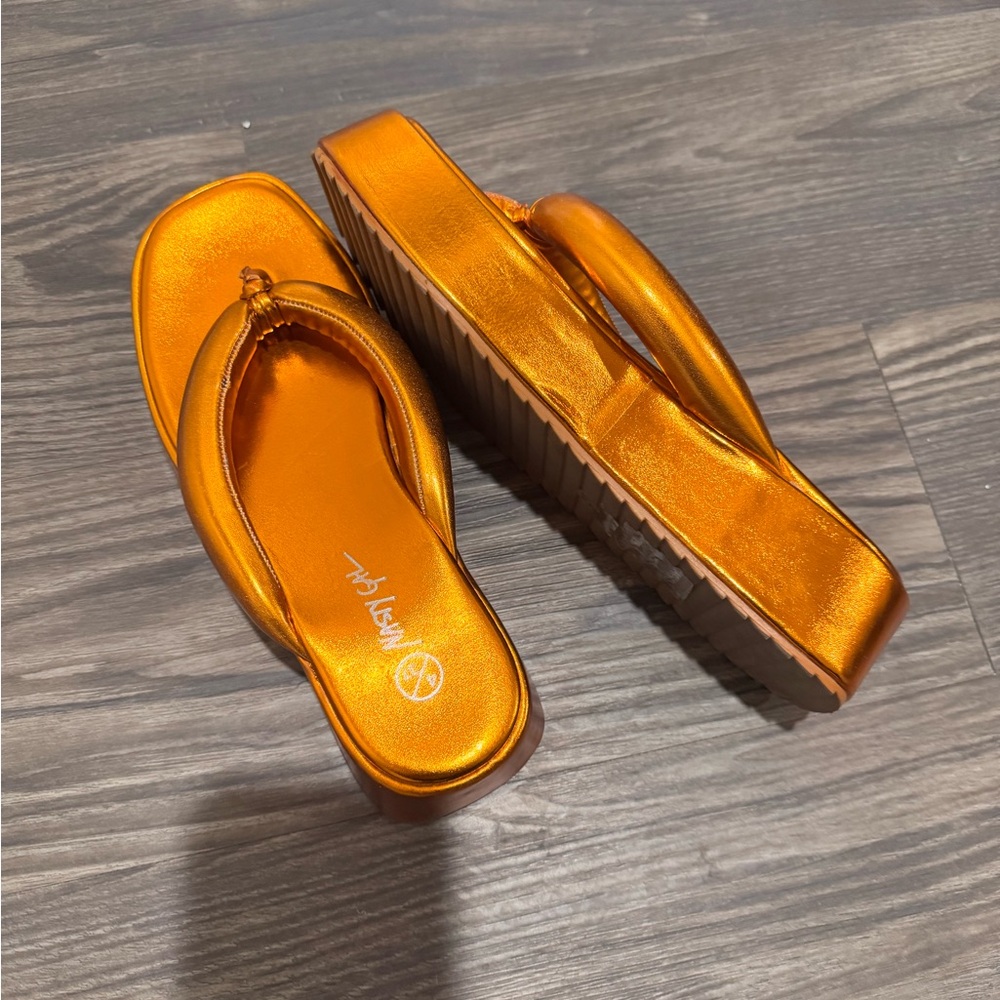 Mishka Orange Sandals with Glossy Finish and Platform Sole